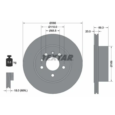Abbildung von TEXTAR 92144900 Bremsscheibe 286 20 05/07 110 außenbelüftet ohne Radbefestigungsbolzen, Radnabe OPEL: Omega B Caravan, Saloon