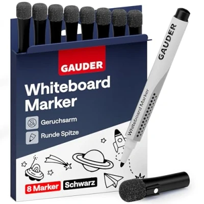 Abbildung von GAUDER Whiteboard Marker Set (8 Stück schwarz) Stifte trocken und rückstandsfrei abwischbar Dry Erase mit Schwamm ideal für Whiteboards Magnettafeln