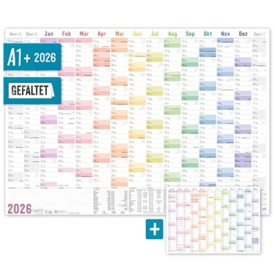 Abbildung von Häfft® XXL Wandkalender 2026 groß A1 + quer (89 x 63 cm), gefalzt, 15 Monate: Nov 2025 Jan 2027 inkl. A4 Jahresplaner, Wandplaner &quot;Rainbow&quot; nachhaltig &amp; klimafreundlich