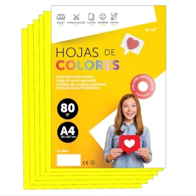 Abbildung von Buntes Papier A4 80g für Drucker &amp; Basteln, Farbige Blätter Kinder, Kreativprojekte, Karten Schule M office (50 Blatt, Neongelb)