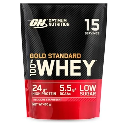 Abbildung von Optimum Nutrition Gold Standard 100% Molkenproteinpulver für Muskelaufbau und regeneration mit natürlich vorkommendem Glutamin BCAA Aminosäuren, Delicious Strawberry, 15 Portionen, 450 g