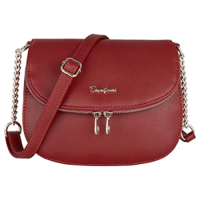 Abbildung von David Jones Damen Kleine Umhängetasche Frau Handtasche PU Leder Schultertasche Elegante Tasche Klappe Zip Reißverschluss Crossbody Bag Abendtasche Clutch Pochette Handy Stadt Bordeaux Rot