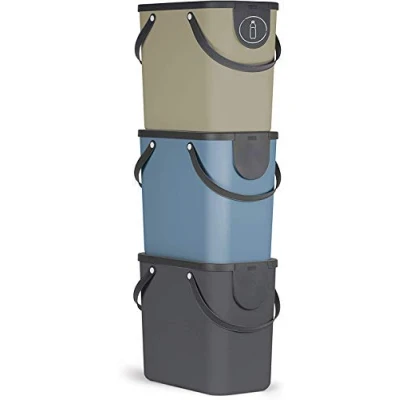 Abbildung von Rotho Albula 3er Set Mülltrennungssystem 25l für die Küche, Kunststoff (PP) BPA frei, anthrazit/blau/cappuccino, 3 x (40.0 23.5 34.0 cm)