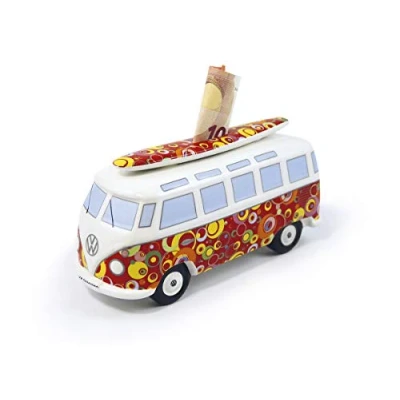 Abbildung von BRISA VW Collection Volkswagen Spar Büchse Schwein Dose mit Surfbrett im T1 Bulli Bus Samba Design (Classic Bus/Rot)