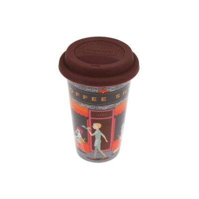 Abbildung von De&#039;Longhi Travel Mug DLSC066 Doppelwandige Thermosflasche für heiße und kalte Getränke, leicht zu transportieren, rutschfeste Silikonhülle, 300 ml Fassungsvermögen