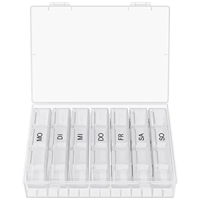 Abbildung von WELLGRO Tablettenbox für 7 Tage Pillendose je 2 Fächer pro Tag Klappdeckel mit Druckverschluss Aufbewahrungsbox BPA freier Kunststoff, Farbe:Blau
