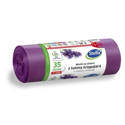 Abbildung von STELLA 009893 Müllbeutel mit Zugband 35 L 15 Stück Lavendelduft Müllsack Mülltüte Abfallsäcke für Den Hausmüll Büro aus LDPE Folie Hergestellt/ Regranulat Farbe: Lavendel/ Violette