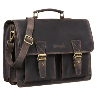 Abbildung von STILORD &#039;Jeffrey&#039; Dokumententasche, Damen und Herren, Leder, Lehrertasche, XL, Umhängetasche, Laptop, 15,6 Zoll, Ordner, A4, Trolley, Braun Dunkel, Koffer
