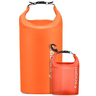 Abbildung von Spigen Aqua Shield wasserdichte Tasche Set [20L+2L] Dry Bag wasserfester Rucksack Beutel für Strand Schwimmen Camping Bootfahren Kajakfahren Sunset Orange