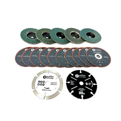 Abbildung von WELLERWERKZEUGE I 17 teiliges Zubehör SET ⌀76x10mm passend für Mini akku Winkelschleifer z.b. Bosch GWS 12V 10,8V Trennscheiben Fächerscheiben