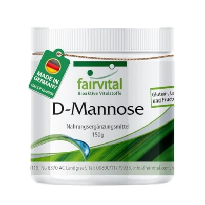 Abbildung von Fairvital D Mannose 150g Pulver mit Vitamin B2 Riboflavin 100% pur und vegan hochdosiert Qualitätsgeprüft Made in Germany