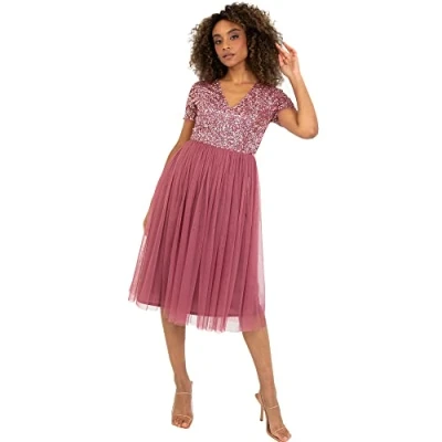 Abbildung von Maya Deluxe Damen Midi Kleid mit V Ausschnitt, Verziert Brautjungfernkleid, Desert Rose, 44