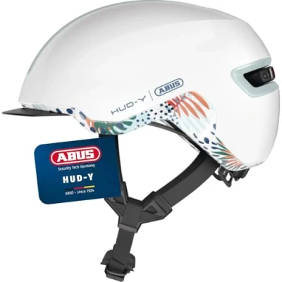 Abbildung von ABUS Urban Helm HUD Y mit magnetischem, aufladbarem LED Rücklicht &amp; Magnetverschluss cooler Fahrradhelm für den Alltag Damen und Herren Weiß Glänzend, Größe S, S (51 55 cm)