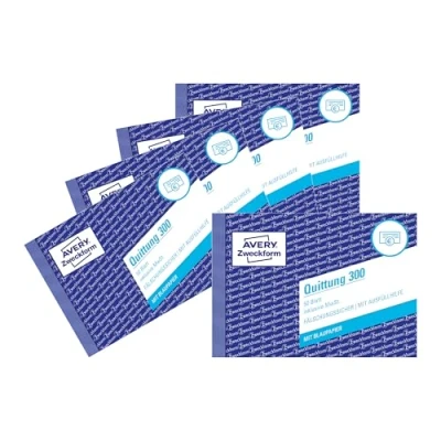 Abbildung von AVERY Zweckform 300 5 Quittungsblock (A6 quer, 50 Blatt, fälschungssicher, inkl. MwSt., mit 1 Blatt Blaupapier, für Deutschland und Österreich) 5er Pack weiß