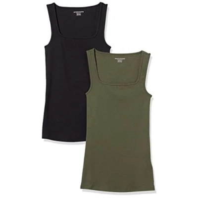 Abbildung von Amazon Essentials Damen Tanktop mit schmaler Passform und quadratischem Ausschnitt, 2er Pack, Schwarz/Dunkles Olivgrün, S