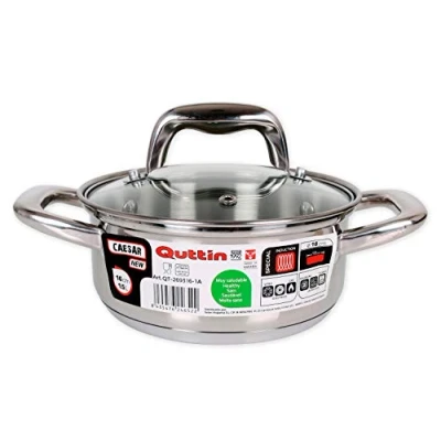 Abbildung von Quttin New Caesar Professioneller Kochtopf für Induktion, Küche und Backofen, kleiner Topf, Edelstahl, antihaftbeschichtet, Glasdeckel Griffe, 16 cm / 1,5 L, Silber