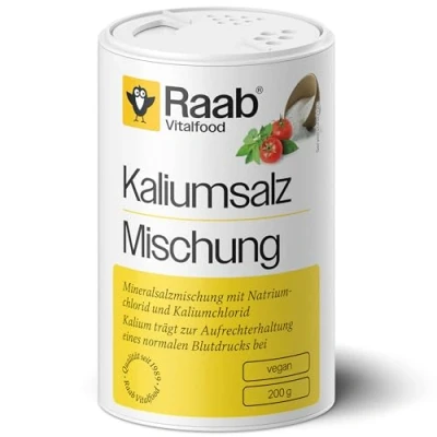Abbildung von Raab Vitalfood Kaliumsalz Mischung, Mineralsalzmischung mit 66,7% Natriumchlorid (Kochsalz) und 33% Kaliumchlorid, Kalium trägt zur Aufrechterhaltung eines normalen Blutdrucks bei (1 x 200 g Dose)