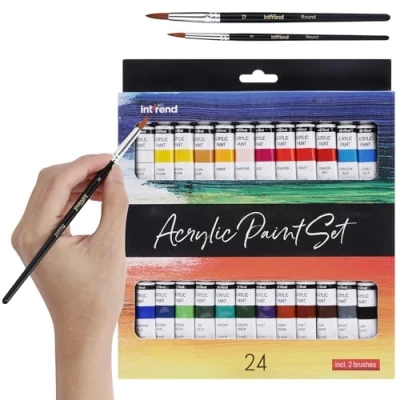 Abbildung von int!rend Acrylfarben Set 24x Acrylfarbe je 12 ml + 2 Pinsel Acryl Farbe für Holz, Leinwand, Ton, Steine &amp; Gips Acrylic Paint Modellbau Farben und zum Basteln
