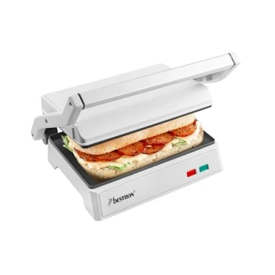Abbildung von Bestron elektrischer Kontaktgrill mit Auffangschale, Sandwichmaker Cool Touch Handgriff &amp; 180 Öffnung, Paninimaker Antihaftbeschichtung, Einsteigermodell, APM124W, Farbe: Hellweiß