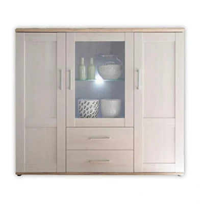 Abbildung von Stella Trading Highboard in Sibiu Lärche / Eiche San Remo Optik Landhausstil Wohnzimmerschrank mit viel Stauraum und LED Beleuchtung 156 x 137 46 cm (B/H/T)