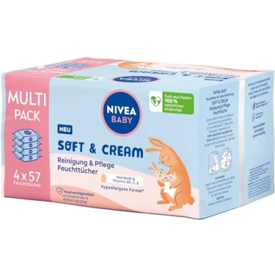 Abbildung von NIVEA Baby Soft &amp; Cream Feuchttücher, Feuchttücher zur sanften Reinigung empfindlicher Babyhaut, hypoallergene für Babys mit Mandelöl und Vitaminen (4 x 57 Stück)