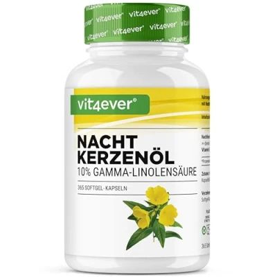 Abbildung von Nachtkerzenöl 365 Kapseln Hochdosiert mit 2000 mg je Tagesdosis Premium: 10% Gamma Linolensäure GLA, natürlichem Vitamin E &amp; kaltgepresst Laborgeprüft