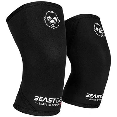 Abbildung von Beast Gear Kniebandage, 7 mm Knieschoner aus Neopren, Doppelschichtig, Kraftsport für Unterstützung und Schutz, Gewichtheben, Crossfit, Powerlifting, Strongman, Kniebeugen, Kreuzheben, L