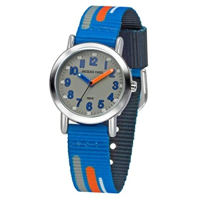 Abbildung von JACQUES FAREL Kinder Armbanduhr Jungen Analog Quarz mit Stoffband Textilband Blau Orange Grau KPS 201