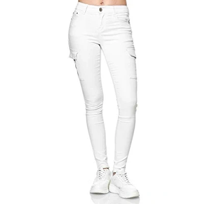 Abbildung von Elara Damen Cargo Jeans Slim Fit Seiten Taschen Chunkyrayan YA572 White 34 (XS)