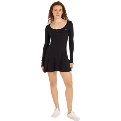 Abbildung von Tommy Jeans Henley Flare Dress Jerseykleid, Damen, Größe: 40, Black