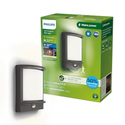 Abbildung von Philips Outdoor Ultra Efficient Samondra Wandleuchte 3,8W, Bewegungssensor, 2700 Kelvin, IP44 wetterfest, anthrazit