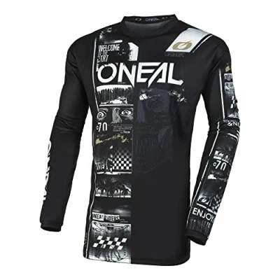 Abbildung von O&#039;NEAL Motocross Shirt Langarm MX MTB Mountainbike Passform für Maximale Bewegungsfreiheit, Eingenähter Ellbogenschutz Element Jersey Attack V.23 Erwachsene Schwarz Weiß Größe L