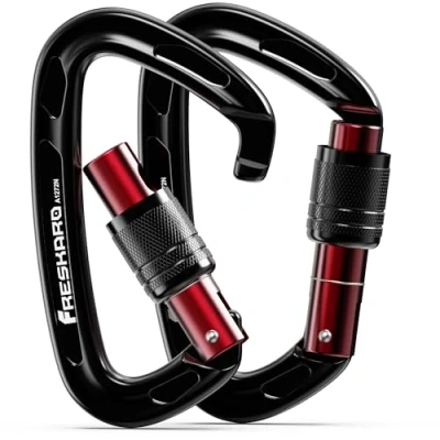 Abbildung von FresKaro Karabiner schwarz, Kletterhaken, Schraubverschluss, Auto Close, CE zertifizierter Kletterkarabiner zum Abseilen, Hundeleinen, groß, extra stark 2550kg, 2 Stück