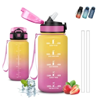 Abbildung von Trinkflasche 0.5l Kinder, Wasserflasche mit Strohhalm, Leicht zu Reinigen, Auslaufsicher, Kann dir Tragen, Flasche Zeitmarkierung, für Schule, Camping