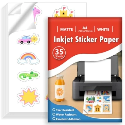 Abbildung von Euqvunn 35 Sheets Stickerpapier zum Selbst Drucken A4, Matte Weiß Wasserdicht Bedruckbares Vinyl Sticker Papier, Selbstklebende Vollseite für Inkjet Drucker, Schnelltrocknend, 210x297mm