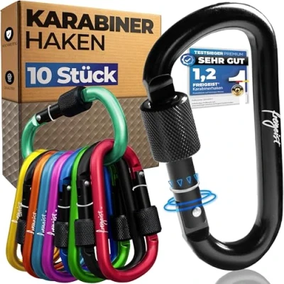 Abbildung von Karabinerhaken klein 10 STÜCK, Karabiner Schlüsselanhänger, Carabiner mit Schraubverschluss + Stopper, Bunte 7,5 cm Karabinhaken groß für Arbeit, Camping, Reisen...