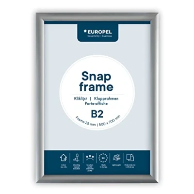Abbildung von EUROPEL 355012 Klapprahmen B2 mit 25 mm Aluminium Profil aufklappbarer Plakatrahmen Gehrungsecke Schnapprahmen für u.a. Poster, Zertifikate, Fotos &amp; Werbemittel Silber,B2 50 x 70 cm
