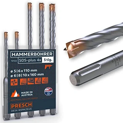 Abbildung von Presch SDS Plus Bohrer Set X4 5 tlg Stahlbeton mit 4 Schneiden und Dübellängenindikator Hammerbohrer für Beton, Stein, Granit, Ziegel, Mauerwerk Betonbohrer Ø 10mm