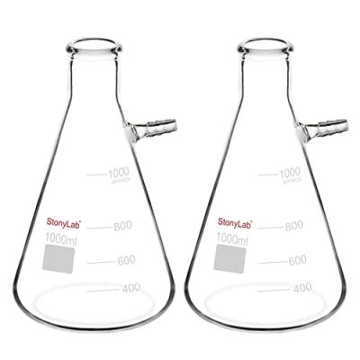 Abbildung von StonyLab 2er Pack 1000 ml Borosilikatglas Filterkolben, Glass Filtering Flask, Bolzenhals mit Röhrchen (1000 ml)