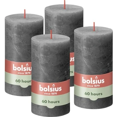 Abbildung von Bolsius Rustik Stumpenkerzen Anthrazit Set 4 Stück Länge Brenndauer 60 Stunden Unparfümierte Natürliches Pflanzenwachts Ohne Palmöl 13 x 7 cm