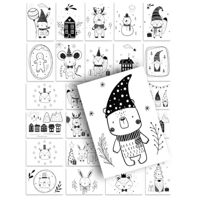 Abbildung von Weihnachtskarten 24 Postkarten Schwarz Weiß Tiere Deko Design Illustration schön süß Weihnachtspostkarte Weihnachten Xmas Set Mix Geschenk Grußkarte Geschenkkarte niedlich black white Adventskalender