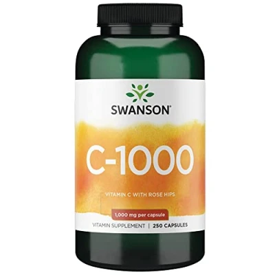 Abbildung von Swanson C 1000, Vitamin (Ascorbinsäure), 1000mg, mit Hagebutte, 250 Kapseln, hochdosiert, Laborgeprüft, Sojafrei, Glutenfrei, Ohne Gentechnik