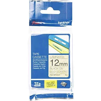 Abbildung von Brother Original P touch Schriftband TZe MPGG31 12 mm, schwarz auf gold geometrisch (u.a. für H200, H100LB/R, H105, E100/VP, D200/BW/VP, D210/VP) TZEMPGG31