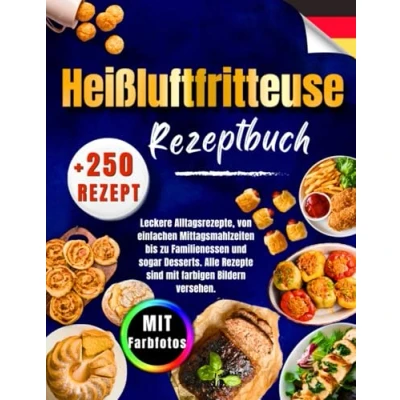 Abbildung von Heißluftfritteuse Rezeptbuch: +250 Superleichte, Leckere Alltagsrezepte, von einfachen Mittagsmahlzeiten bis zu Familienessen und Desserts. Alle Rezepte sind mit Farbigen Bildern versehen.