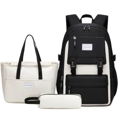 Abbildung von Aamytike Schulrucksack Mädchen Teenager Schule Rucksack Damen Schulranzen Maedchen Wasserdicht Kinder Schultasche Casual Daypacks School Bag for Girls Backpack mit Lunchpaket Set (Schwarz)