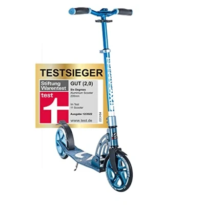 Abbildung von SIX DEGREES Aluminium Scooter mit Klappmechanismus u. Ständer, 205 mm, höhenverstellbar, GS geprüft, blau, TESTSIEGER
