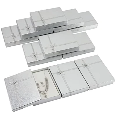 Abbildung von Kurtzy 12 STK Silberfarbene Geschenkboxen für Schmuck Verpackung L16 x B12 H3 cm Pappkarton Geschenkbox mit Schleife &amp; Band Ringe , Halsketten, Armbänder Ohrringe
