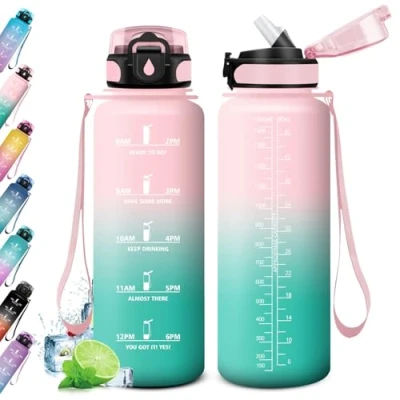 Abbildung von Sportflasche 1.5L, Wasserflasche mit Strohhalm, Trinkflasche Auslaufsicher, Sport Zeitmarkierung, Kohlensäure Geeignet, Groß für Fitness, Yoga, Outdoor, Fahrra