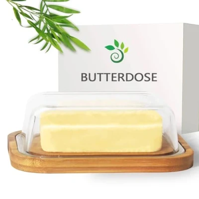 Abbildung von Theo&amp;Cleo Butterdose aus Glas und Bambus, Umweltfreundlicher nachhaltiger Hochwertiger Glasdeckel, Butter Box, 250 g