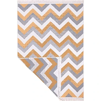 Abbildung von Fashion4Home Teppich Kurzflor Boho Kelim Teppich, Wohnzimmerteppich, Schlafzimmer und Küchenteppich, Läufer, Flur Kinderzimmerteppich Zigzag Gold, Grüße: 80x150 cm